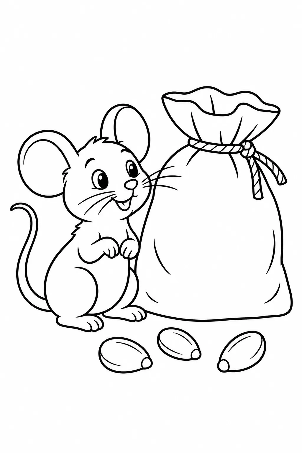 Preschool farm animal coloring page of mouse beside the grain sack