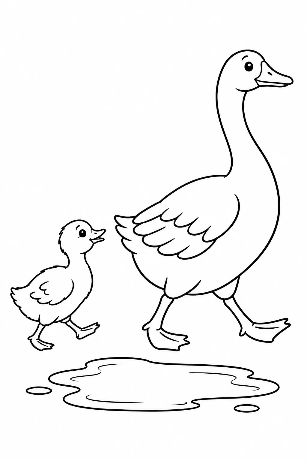Preschool farm animal coloring page of gosling following its parent