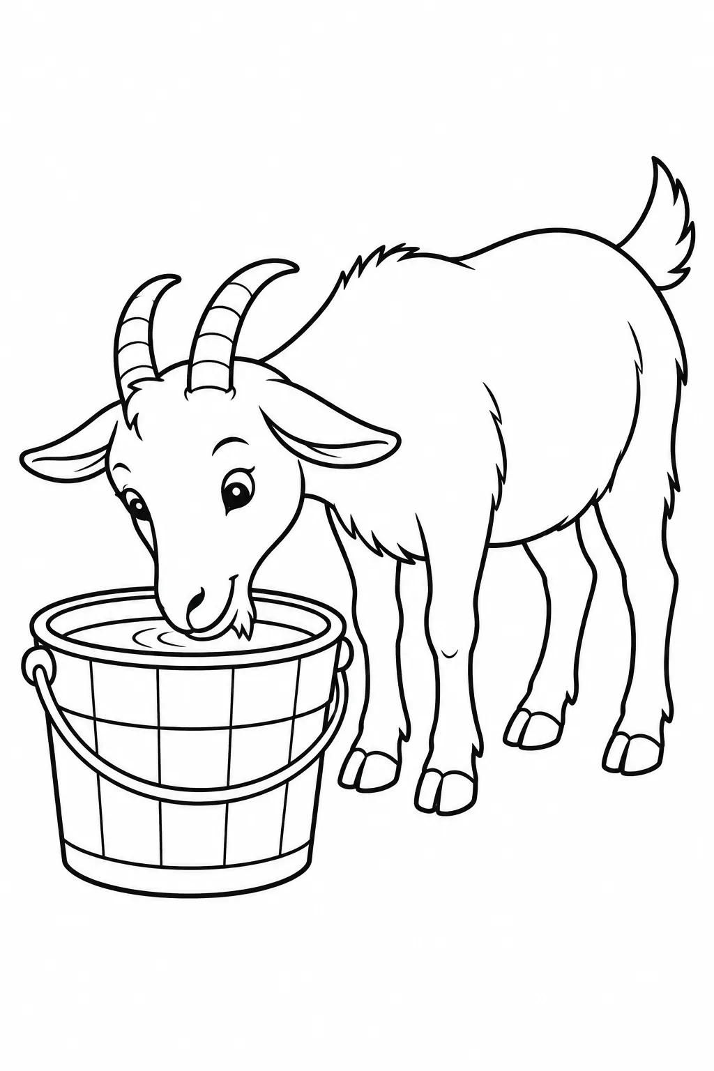 Preschool farm animal coloring page of goat beside the water bucket