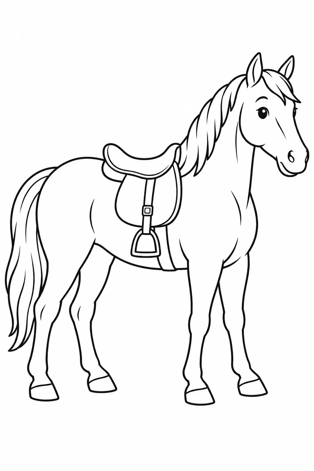 Preschool farm animal coloring page of horse with a simple saddle