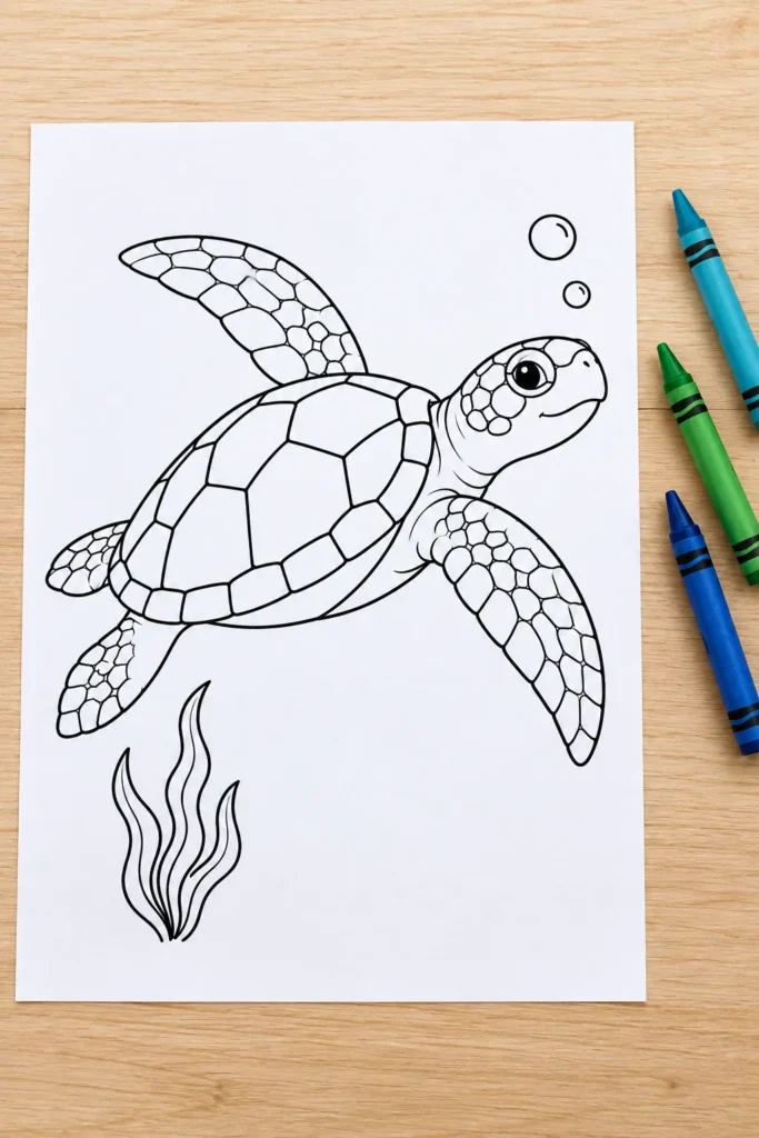 Sea turtle printable coloring page on a desk with crayons