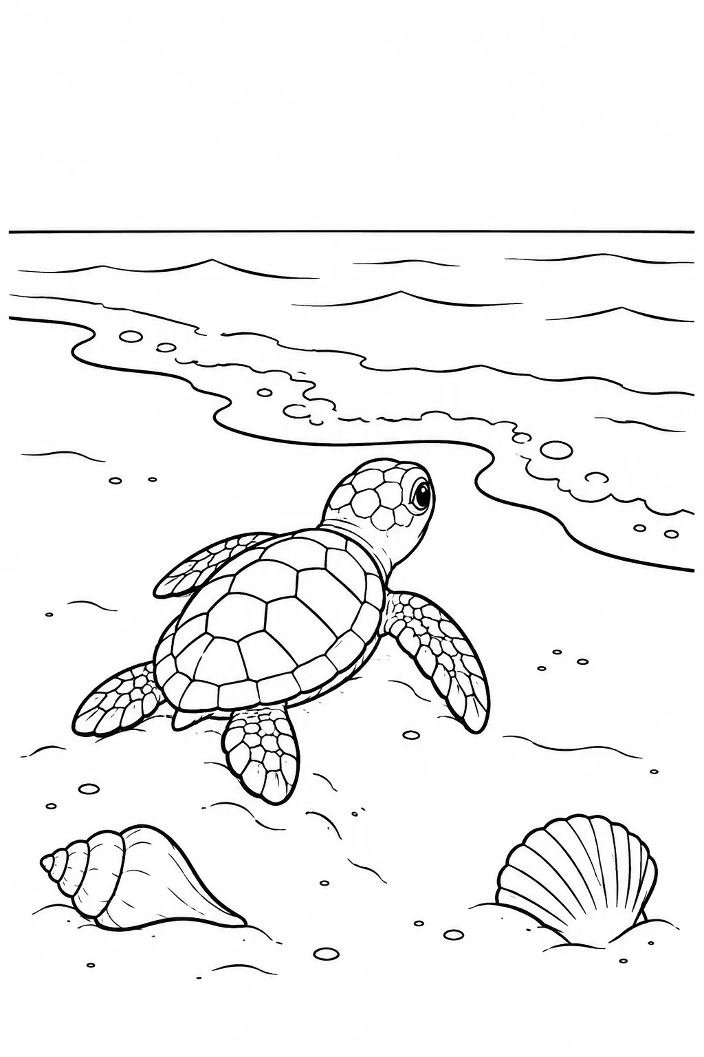Ocean animal coloring page showing turtle hatchling by the shore
