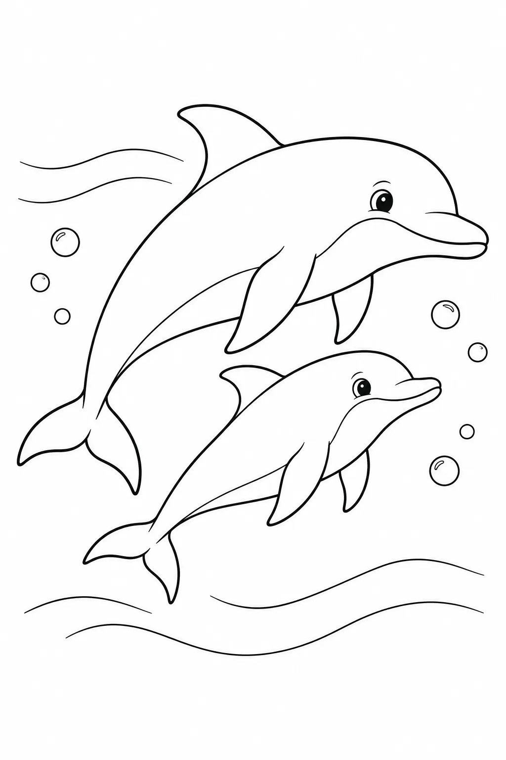 Ocean animal coloring page showing two dolphins swimming