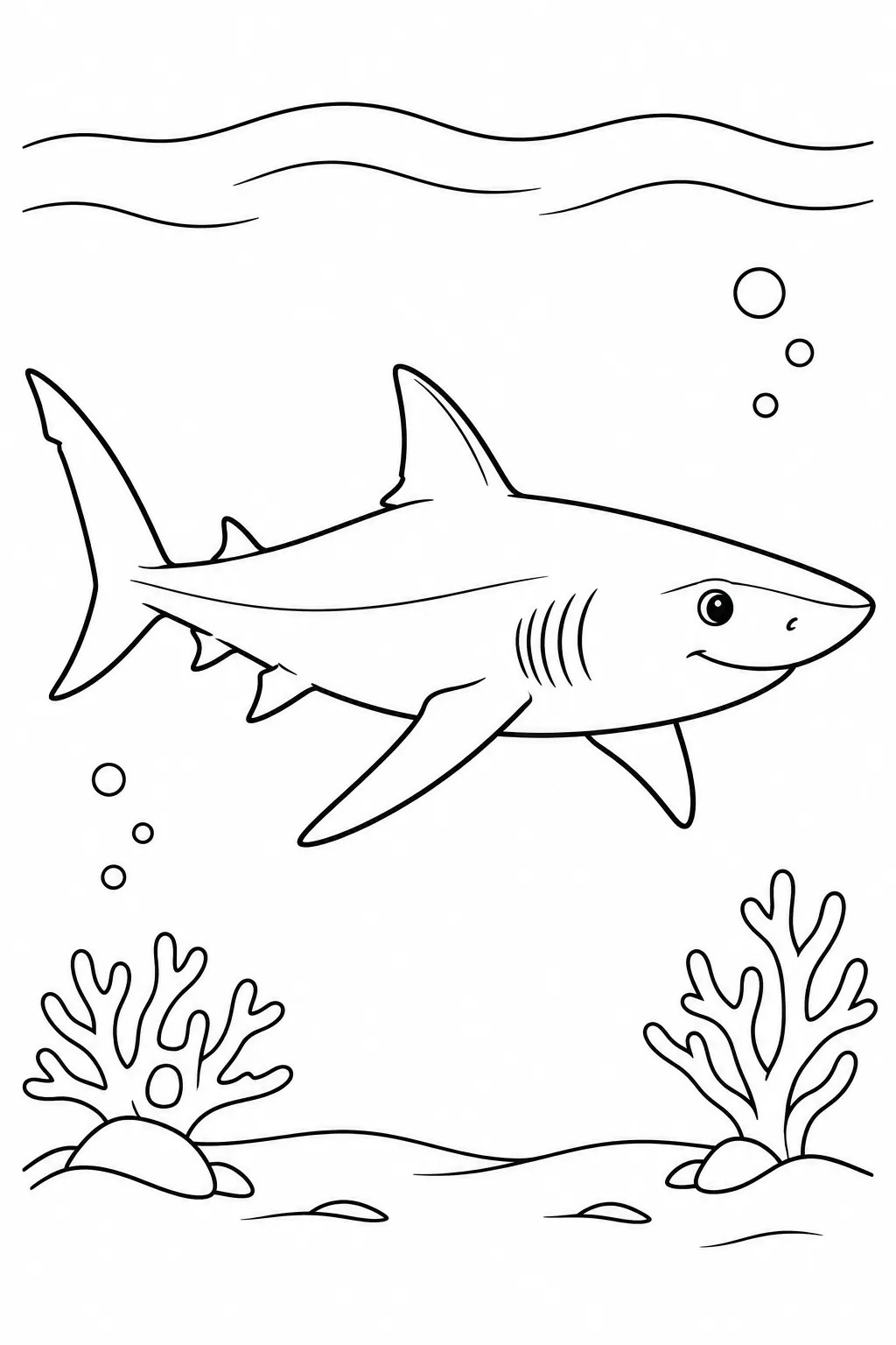 Ocean animal coloring page showing friendly reef shark