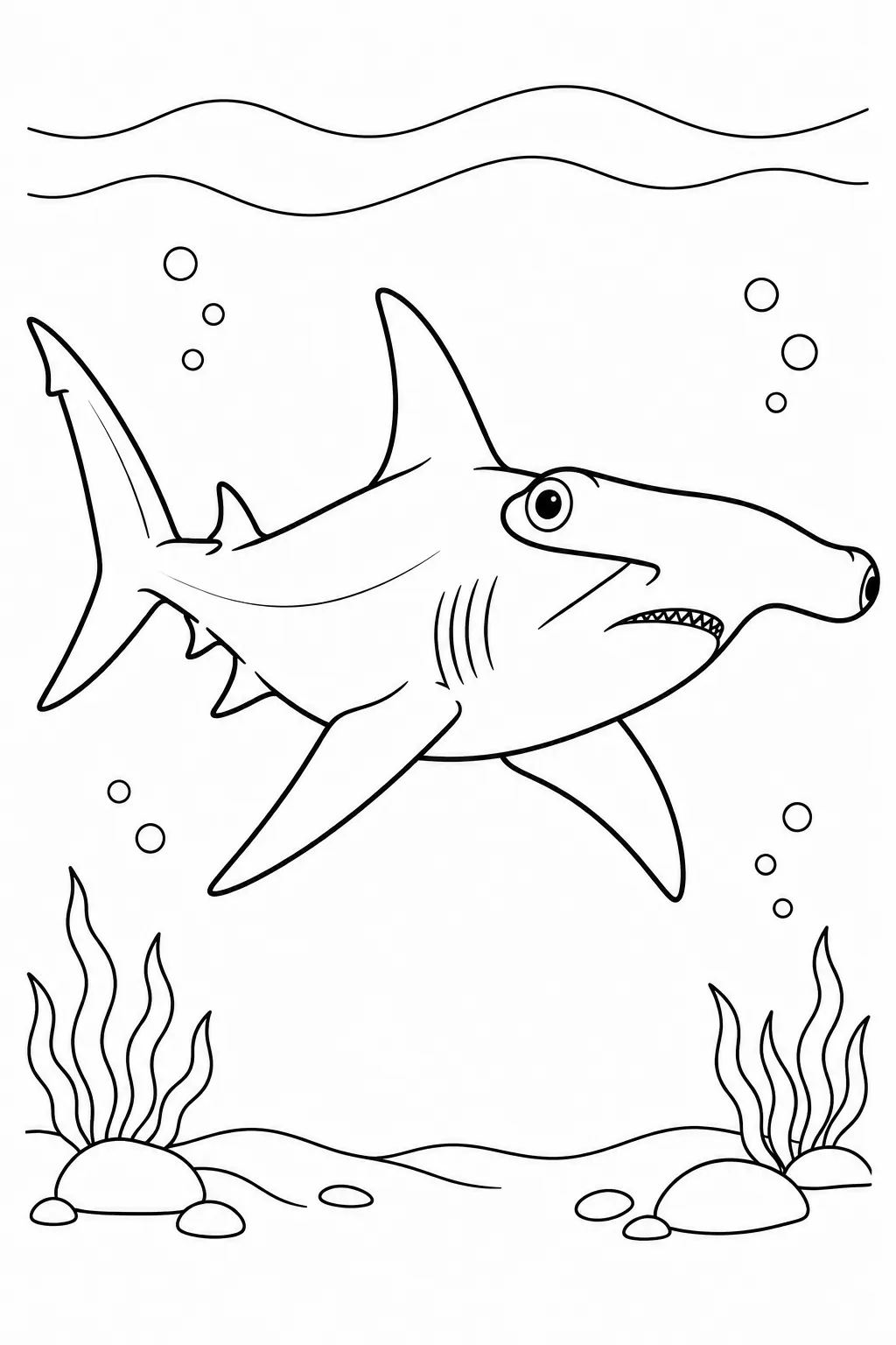 Ocean animal coloring page showing hammerhead shark profile
