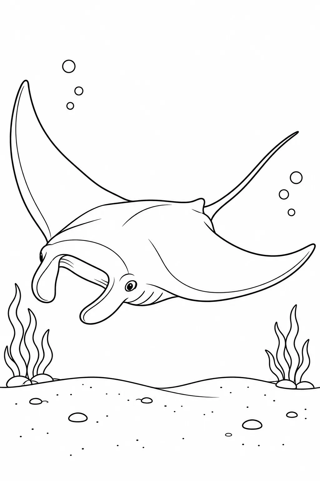 Ocean animal coloring page showing manta ray over sand