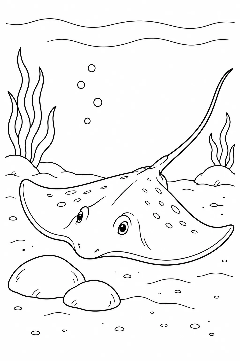 Ocean animal coloring page showing stingray near the seafloor