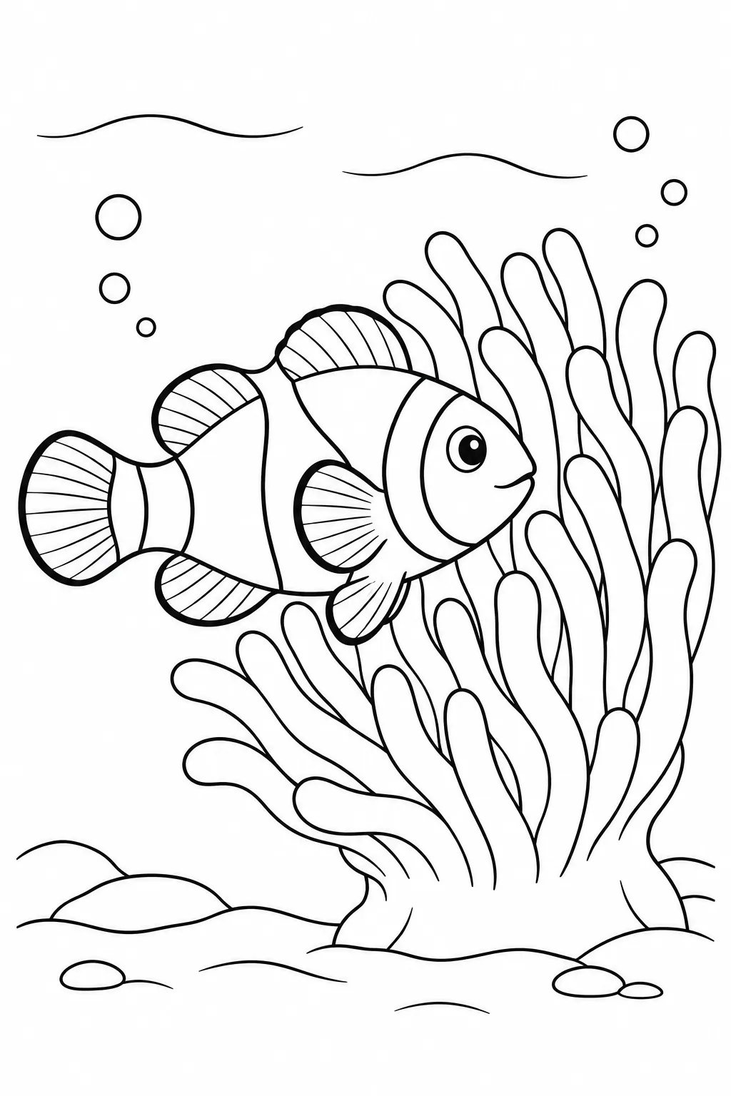 Ocean animal coloring page showing clownfish by anemone