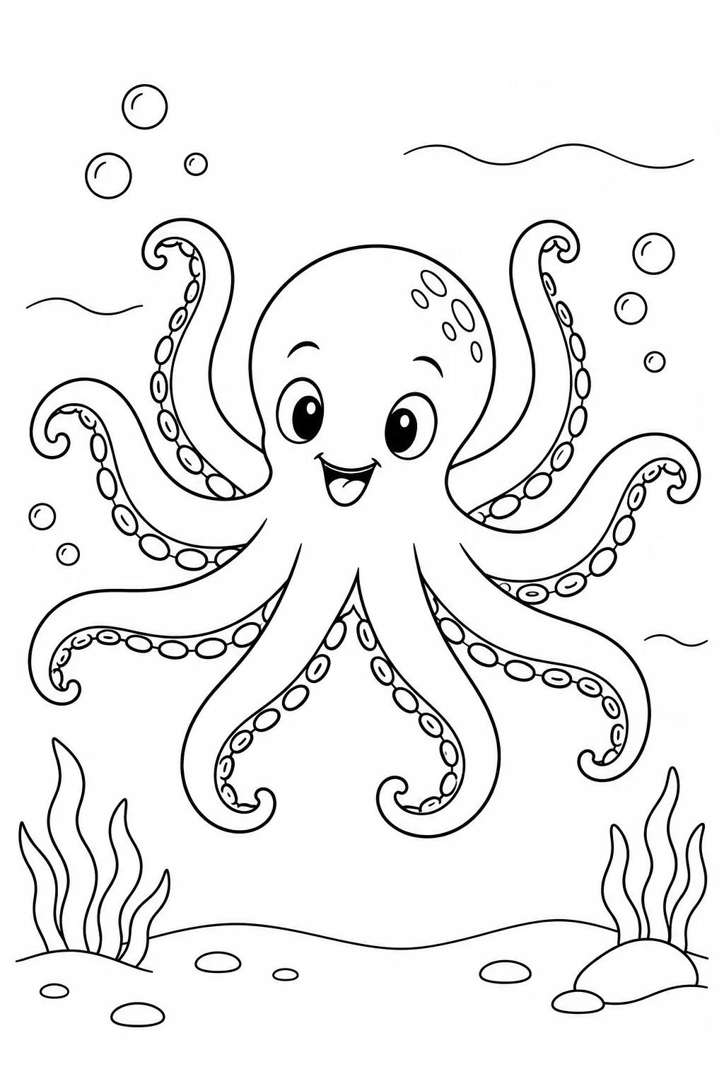Ocean animal coloring page showing octopus waving arms