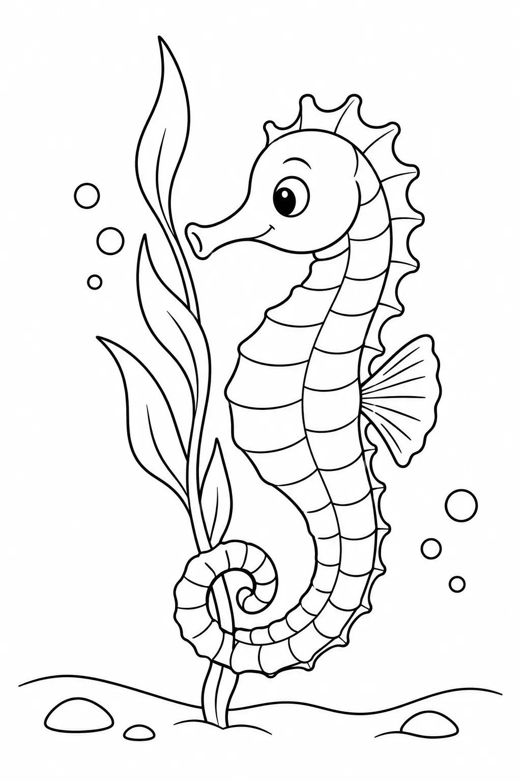 Ocean animal coloring page showing seahorse holding seaweed