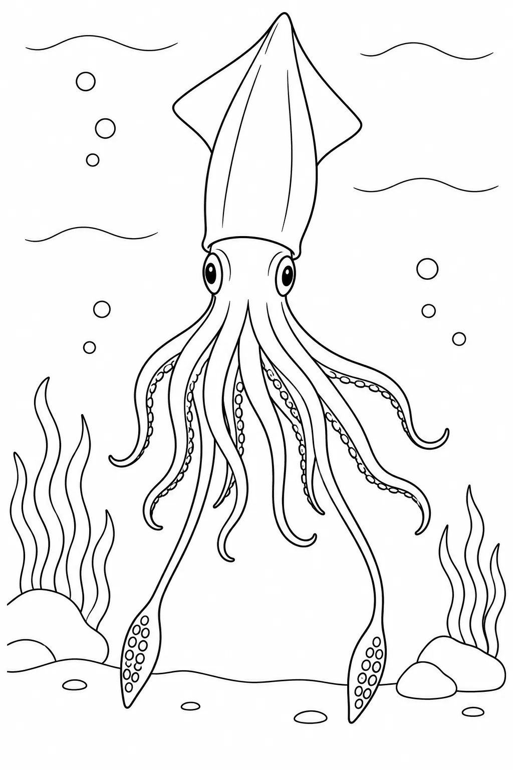 Ocean animal coloring page showing squid with long tentacles
