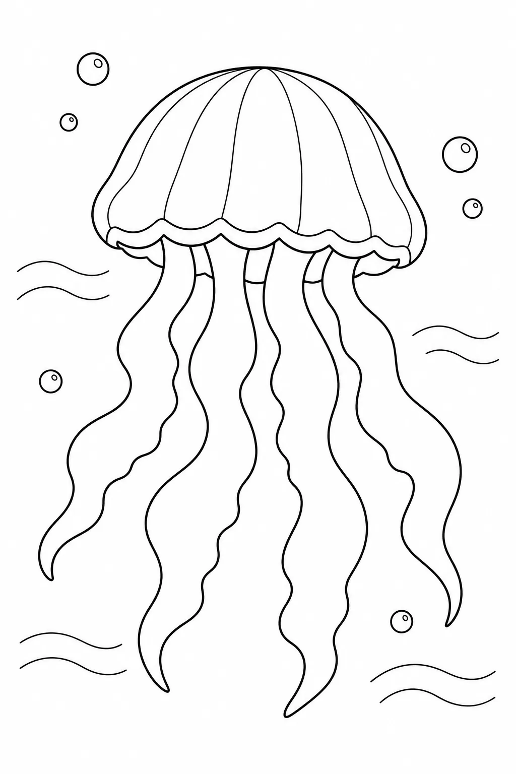 Ocean animal coloring page showing jellyfish with flowing arms