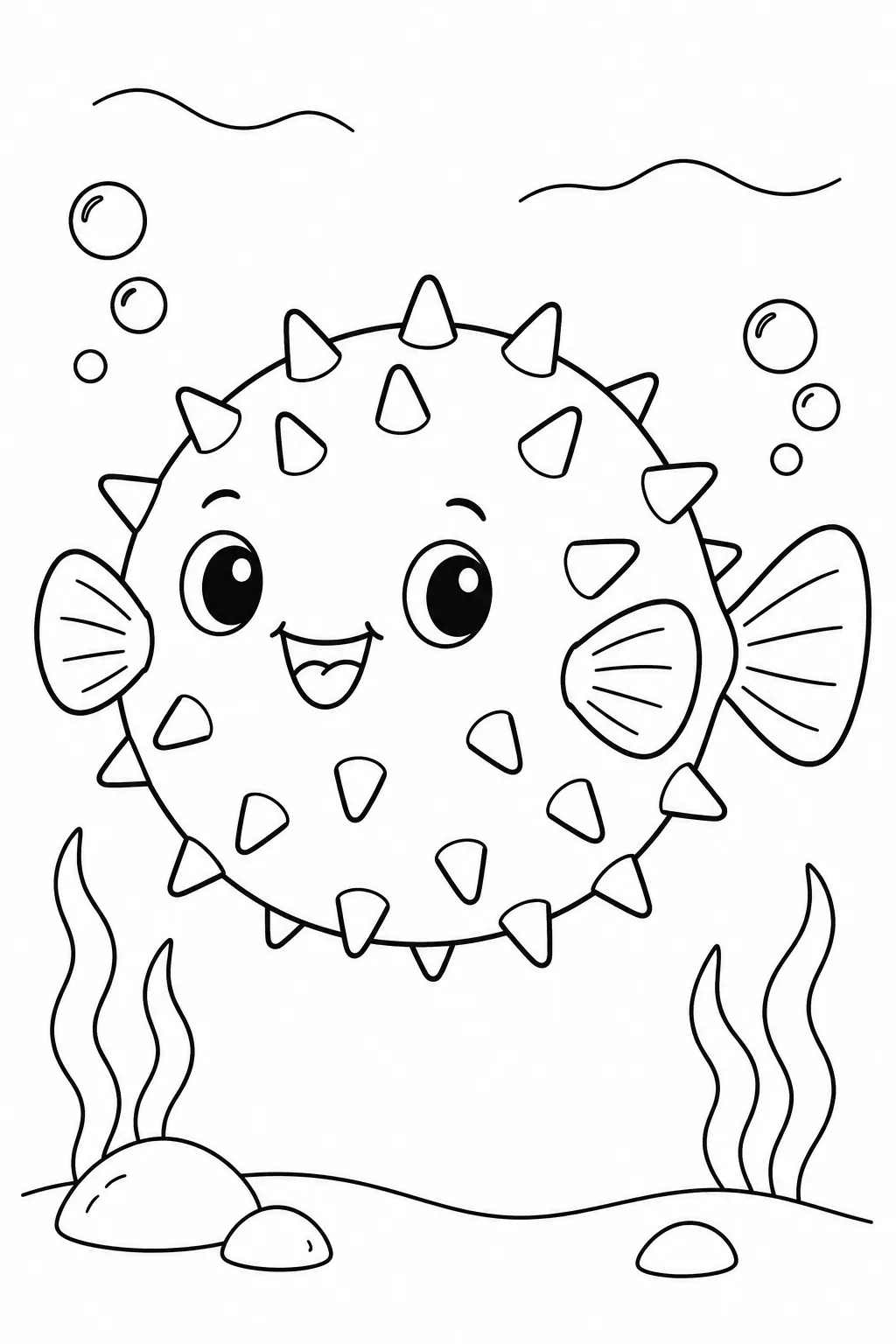Ocean animal coloring page showing pufferfish with round spikes