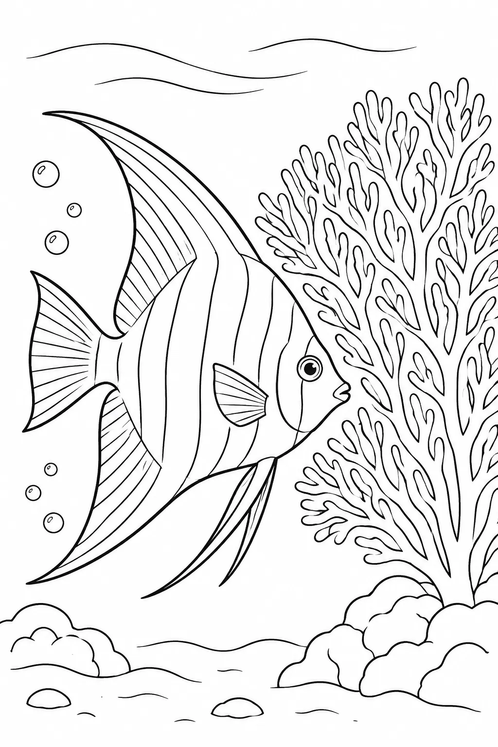 Ocean animal coloring page showing angelfish at the reef