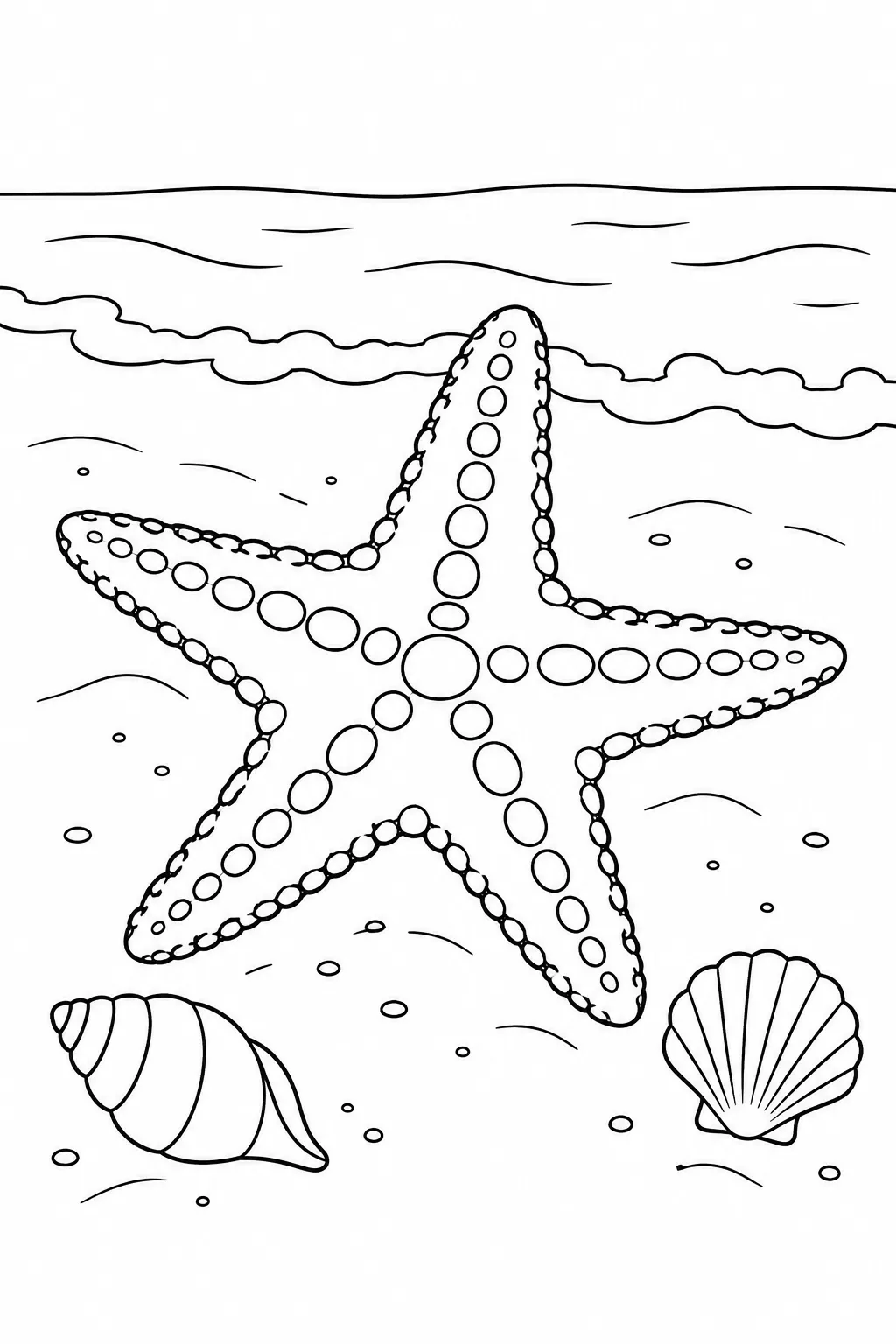 Ocean animal coloring page showing sea star on the sand