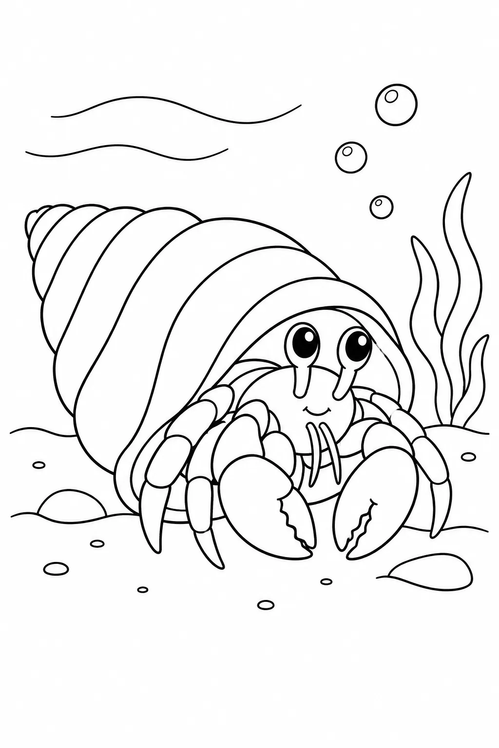 Ocean animal coloring page showing hermit crab and its shell