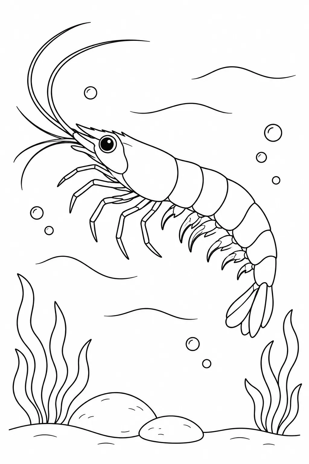 Ocean animal coloring page showing tiny shrimp swimming