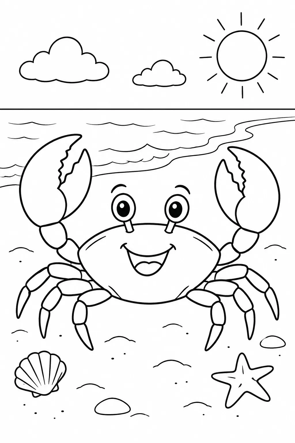 Ocean animal coloring page showing crab on the beach