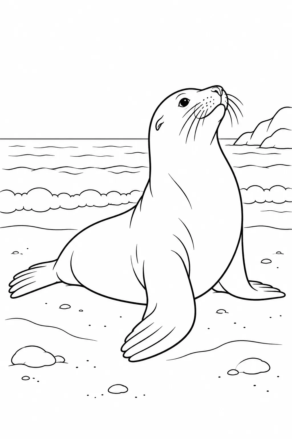 Ocean animal coloring page showing sea lion on the shore
