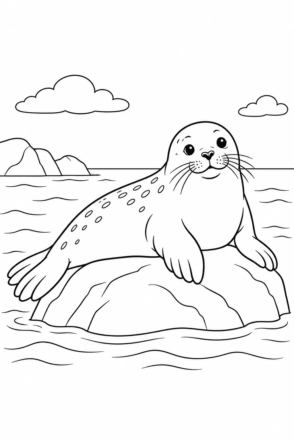 Ocean animal coloring page showing seal resting on a rock