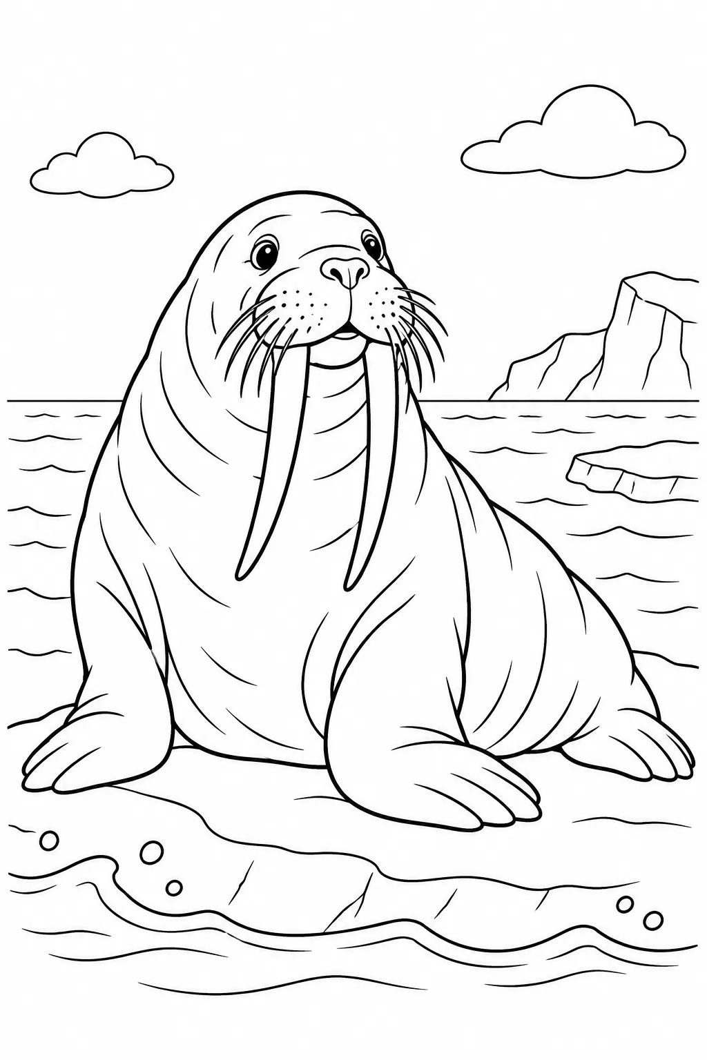 Ocean animal coloring page showing walrus with long tusks
