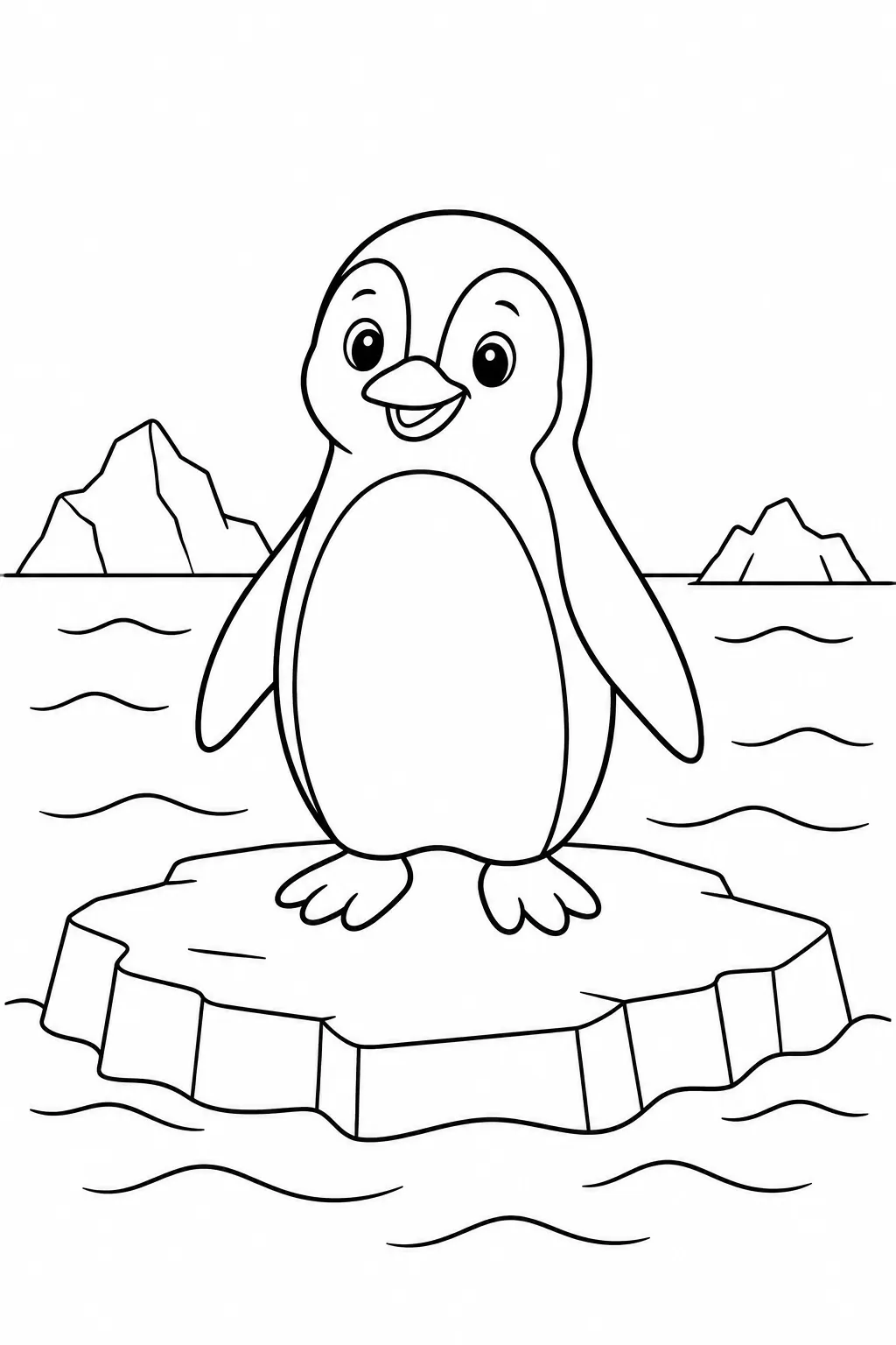 Ocean animal coloring page showing penguin on an ice floe