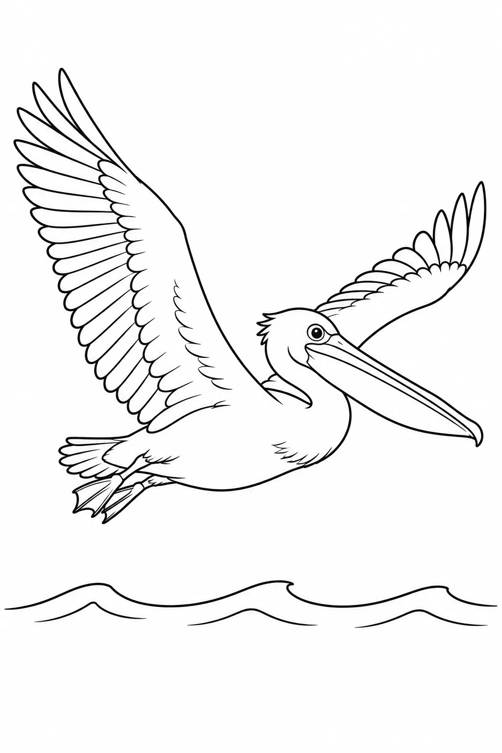 Ocean animal coloring page showing pelican above the water