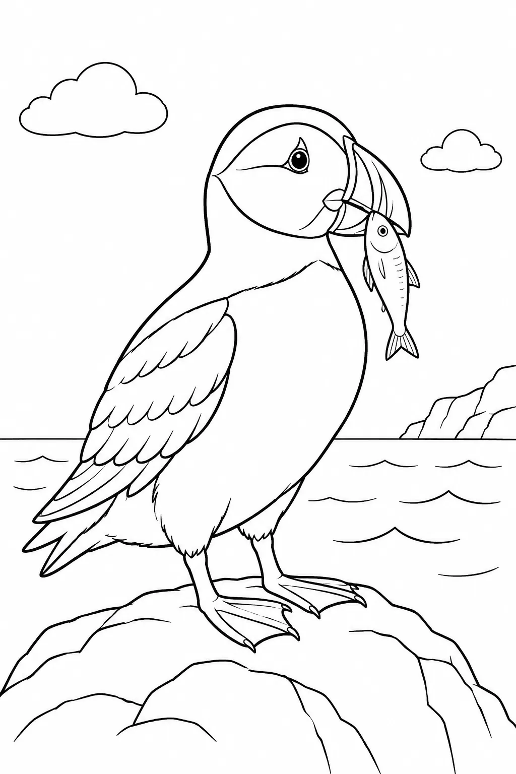 Ocean animal coloring page showing puffin with a fish