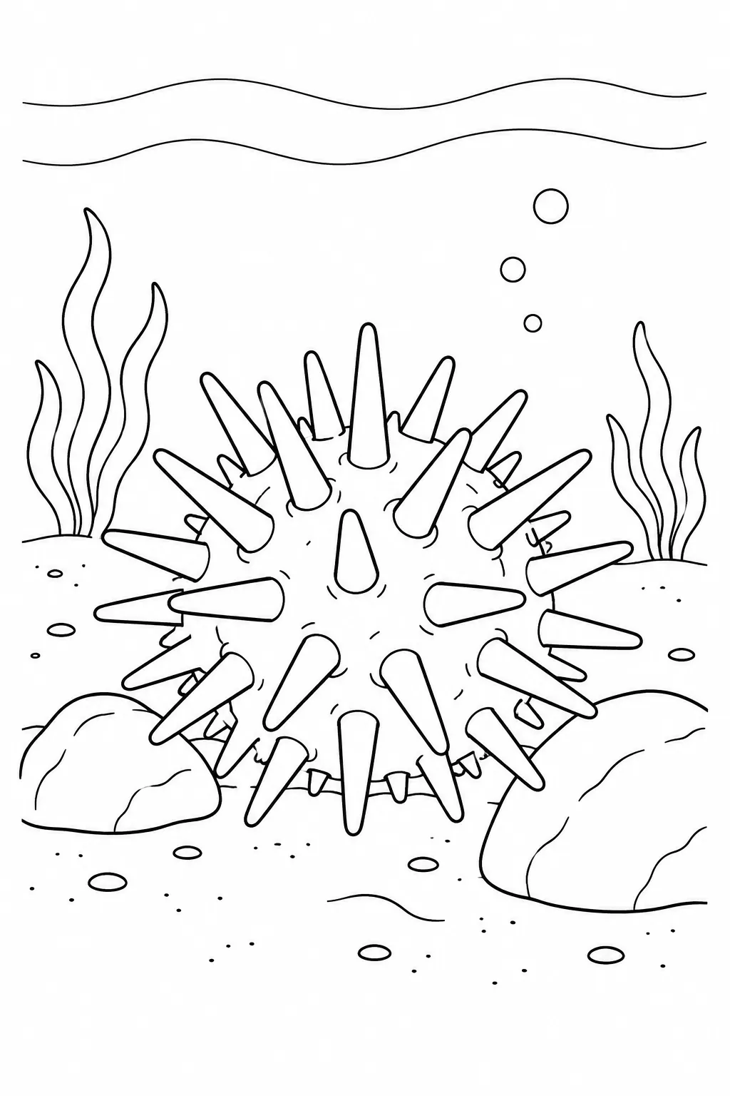 Ocean animal coloring page showing sea urchin on the seafloor