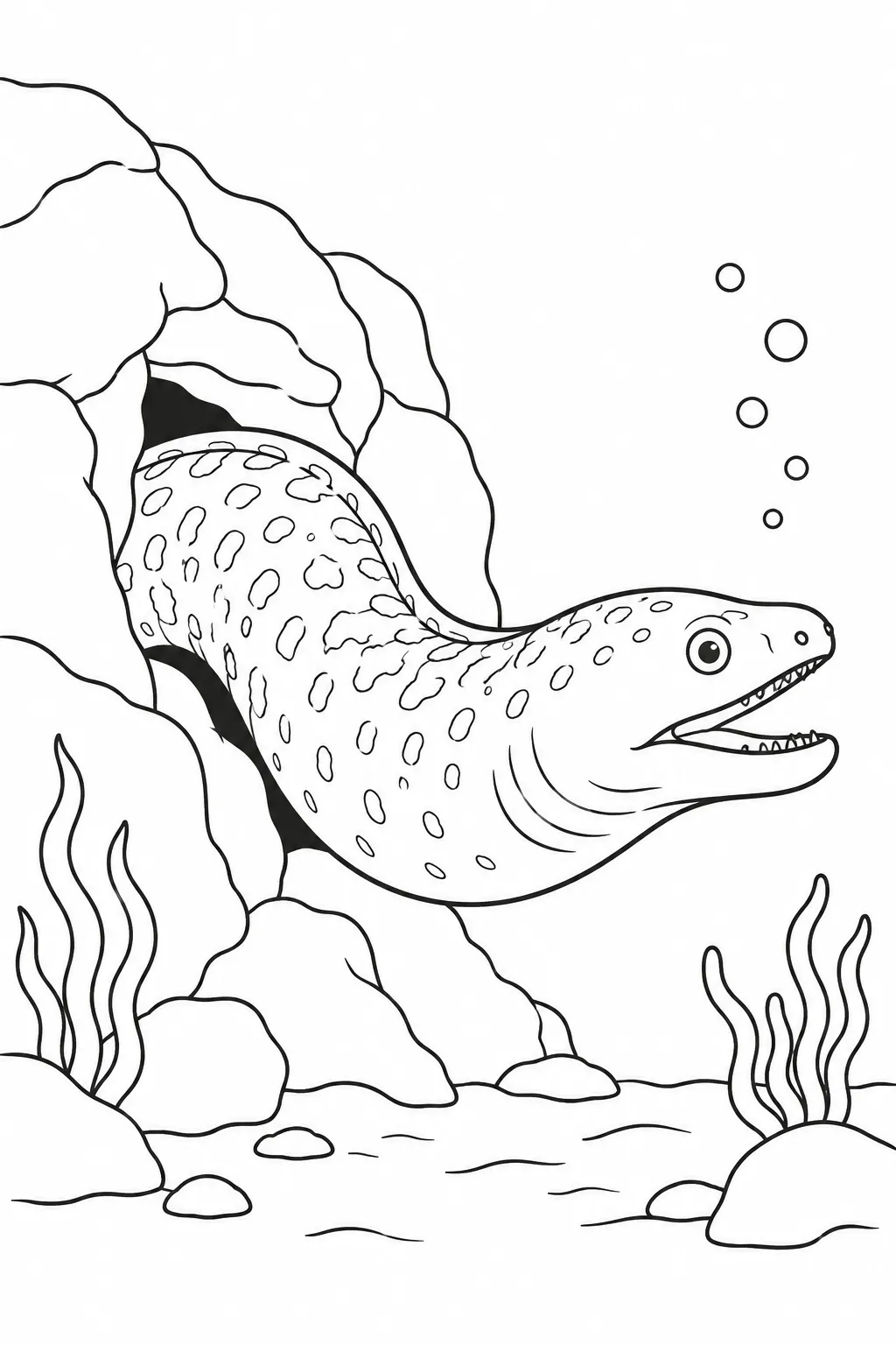 Ocean animal coloring page showing moray eel leaving a crevice