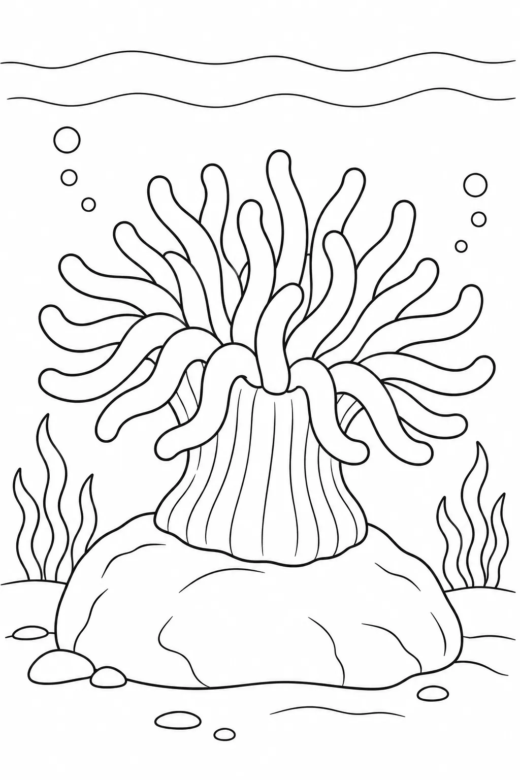 Ocean animal coloring page showing sea anemone on a rock