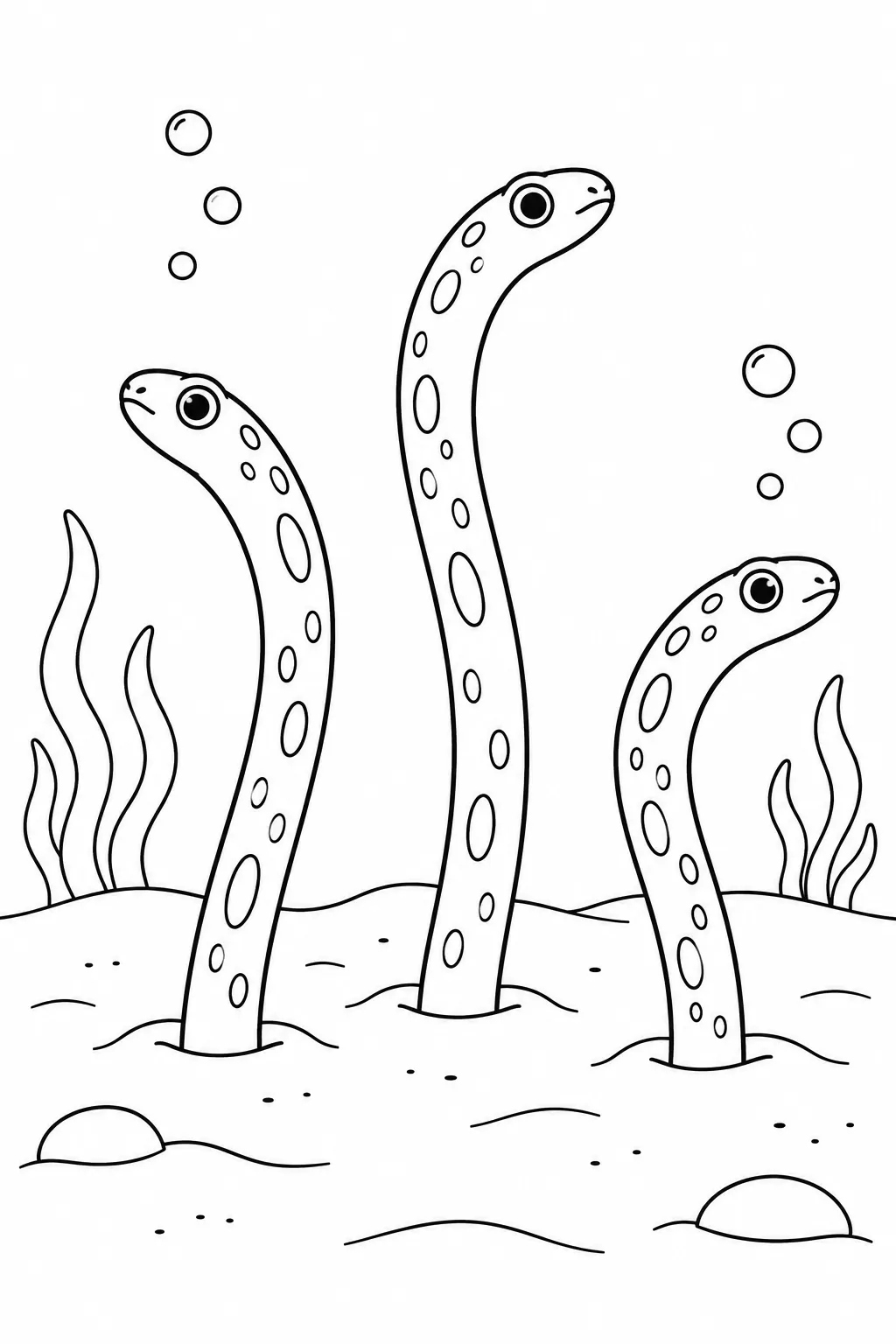 Ocean animal coloring page showing garden eel group