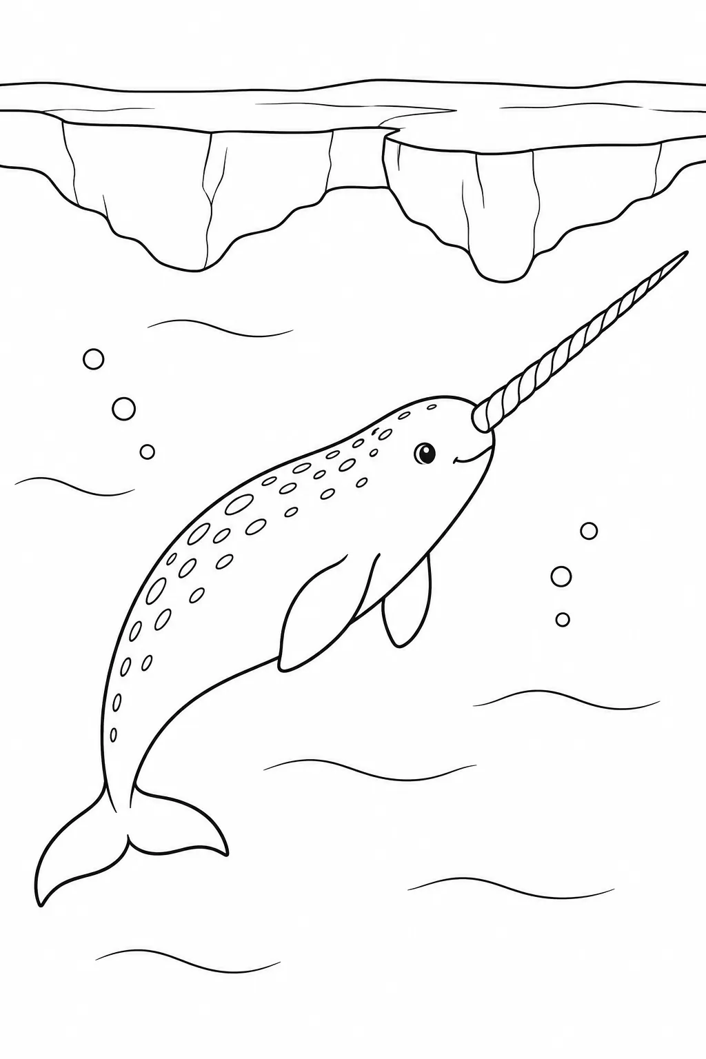 Ocean animal coloring page showing narwhal under ice