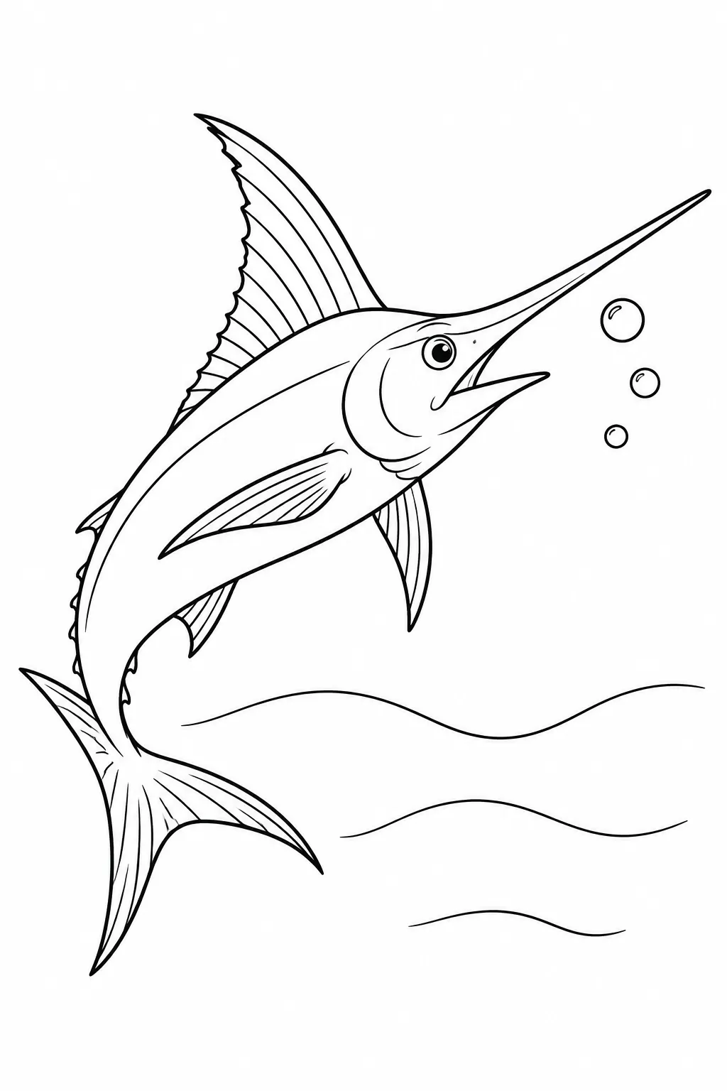 Ocean animal coloring page showing swordfish in motion