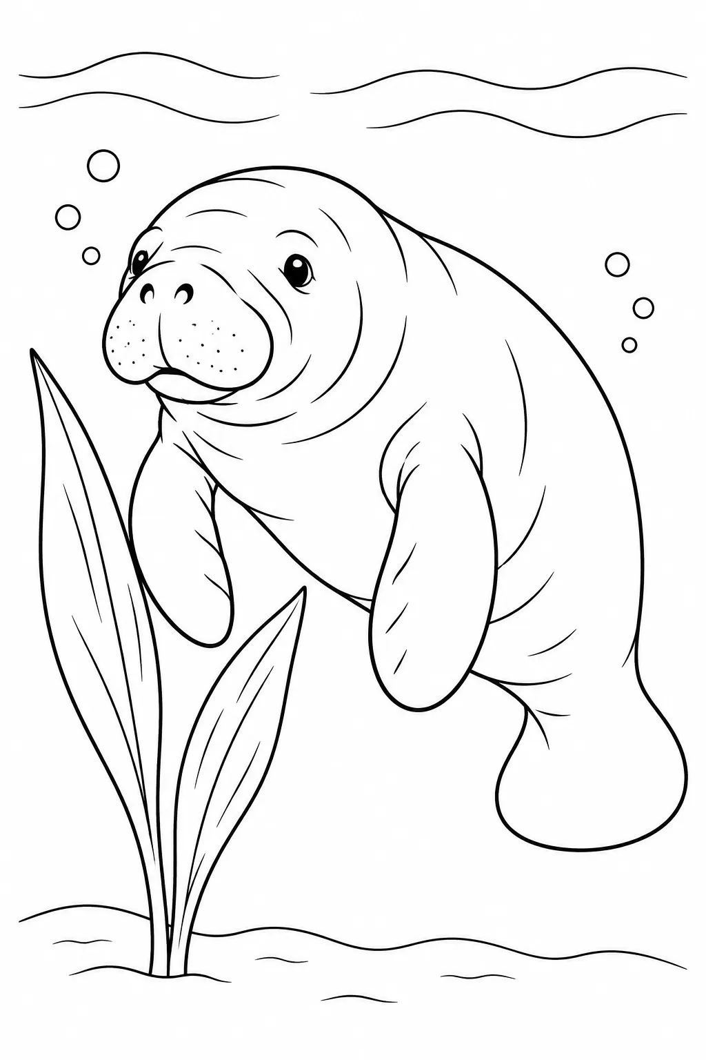 Ocean animal coloring page showing manatee near sea grass