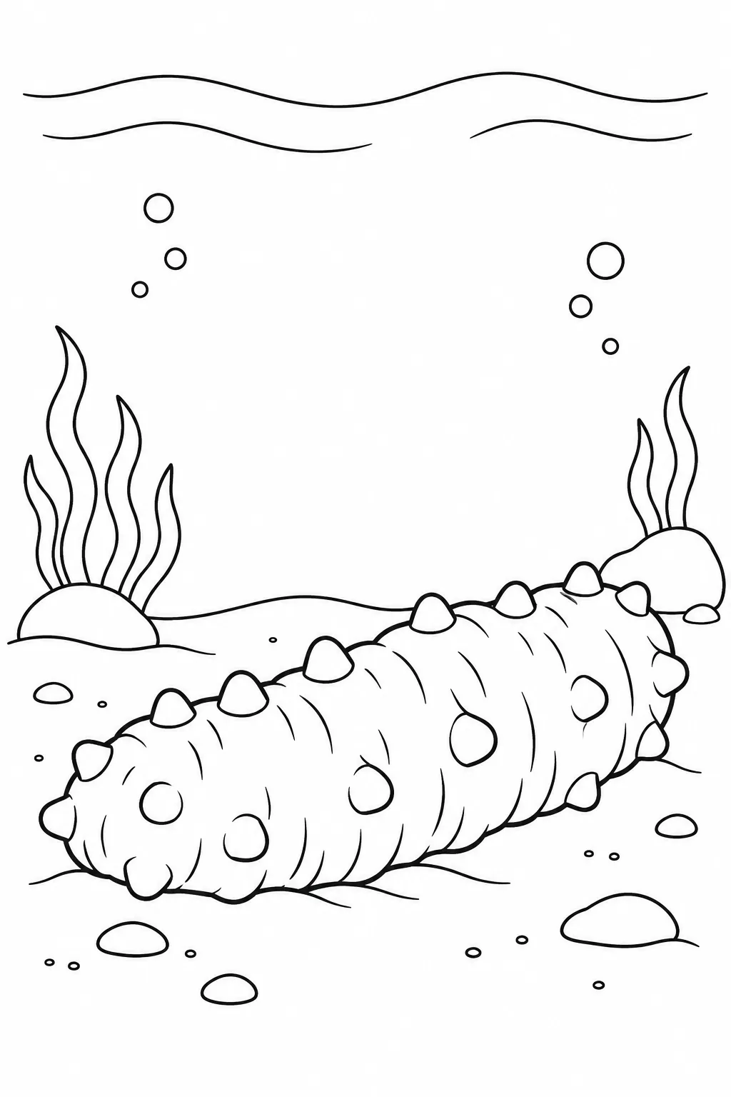 Ocean animal coloring page showing sea cucumber on the bottom