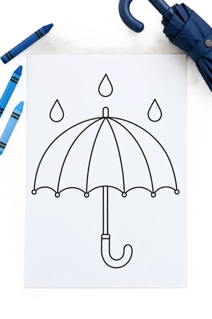 Umbrella coloring page on a table with crayons