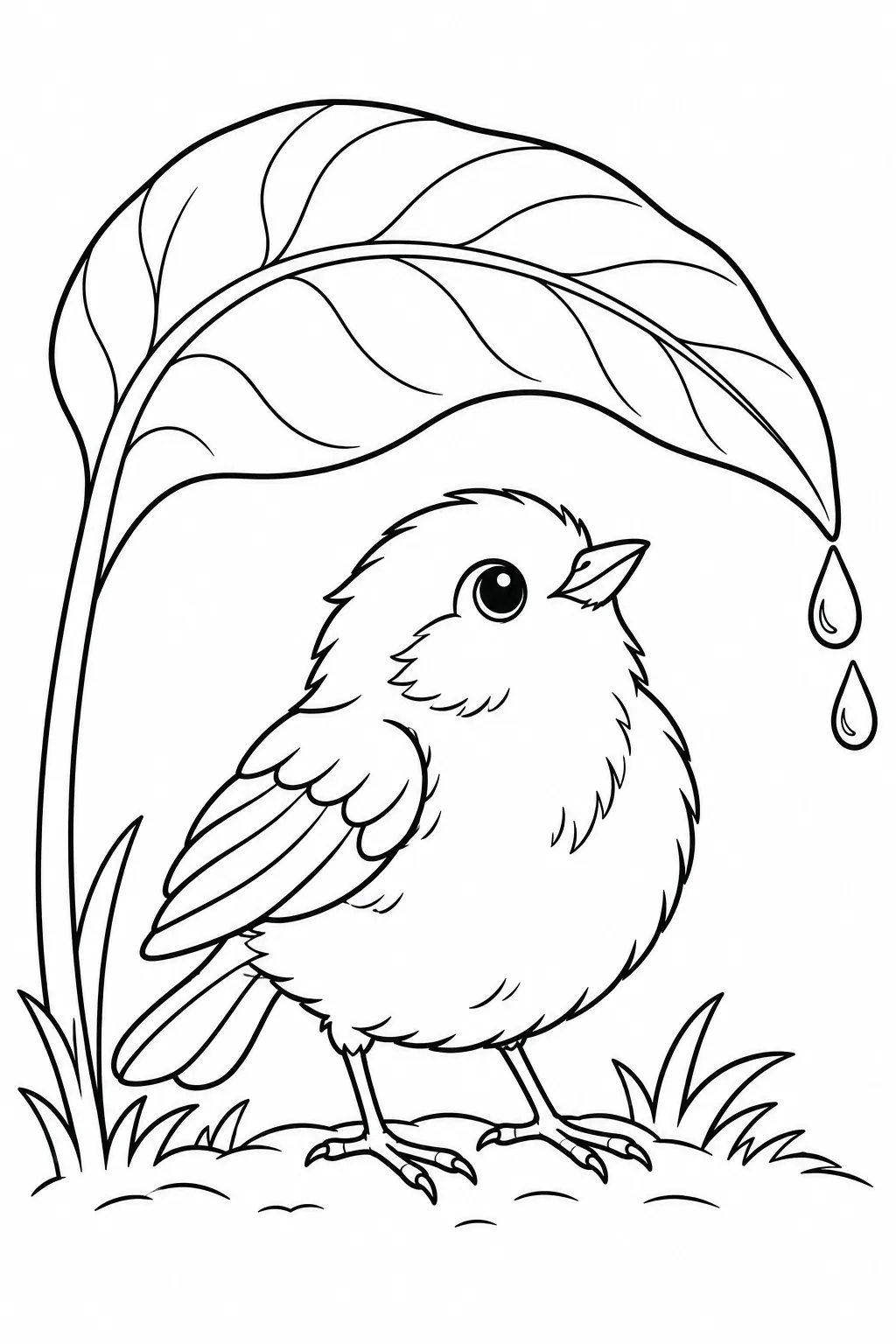 Little Bird Under a Leaf rainy day printable coloring page