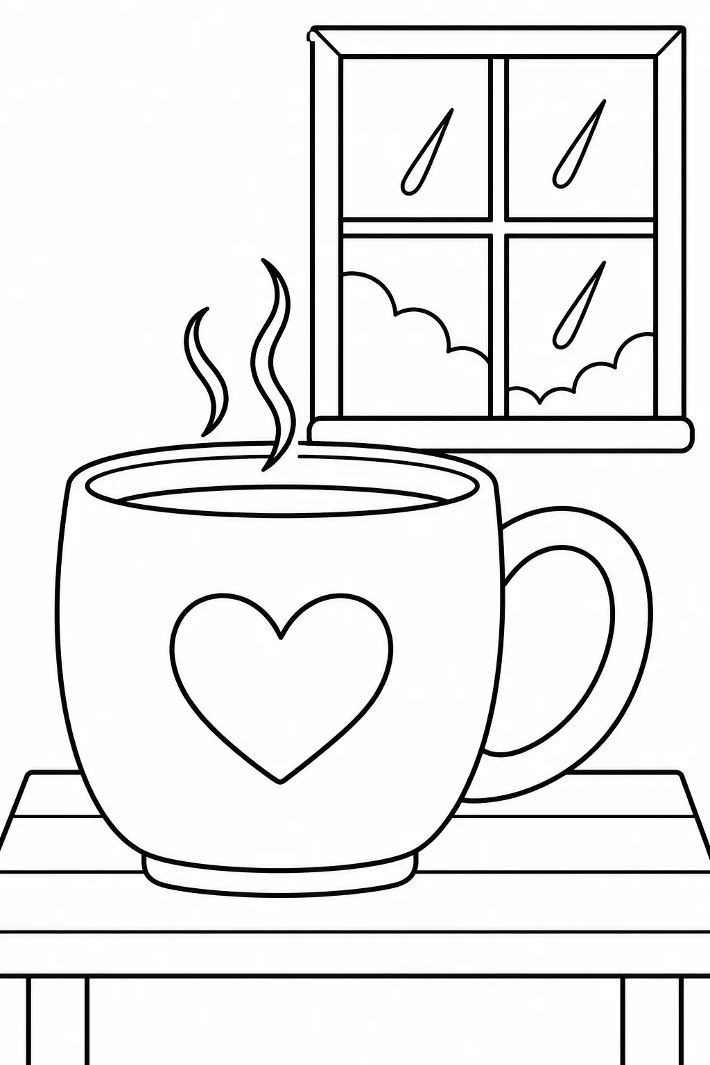 Cozy Teacup at the Window rainy day printable coloring page