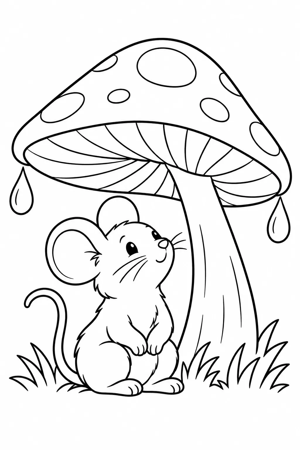 Mouse under a Mushroom rainy day printable coloring page