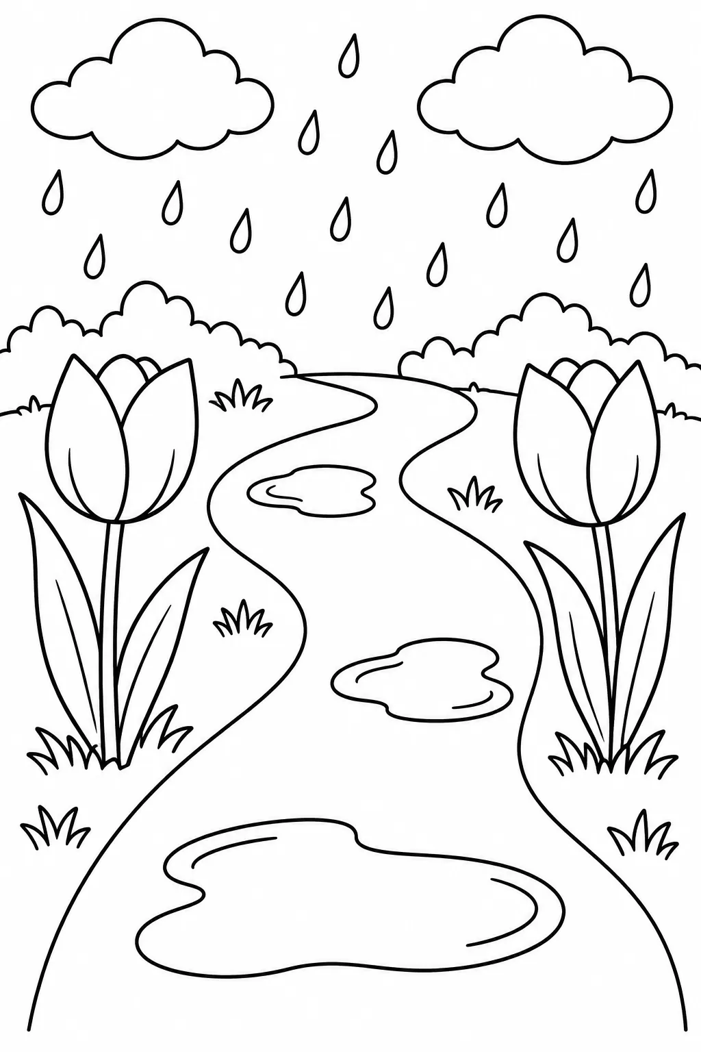 Rainy Garden Path rainy day printable coloring page