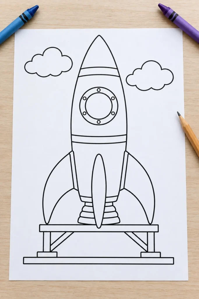 Rocket coloring page on a desk with crayons