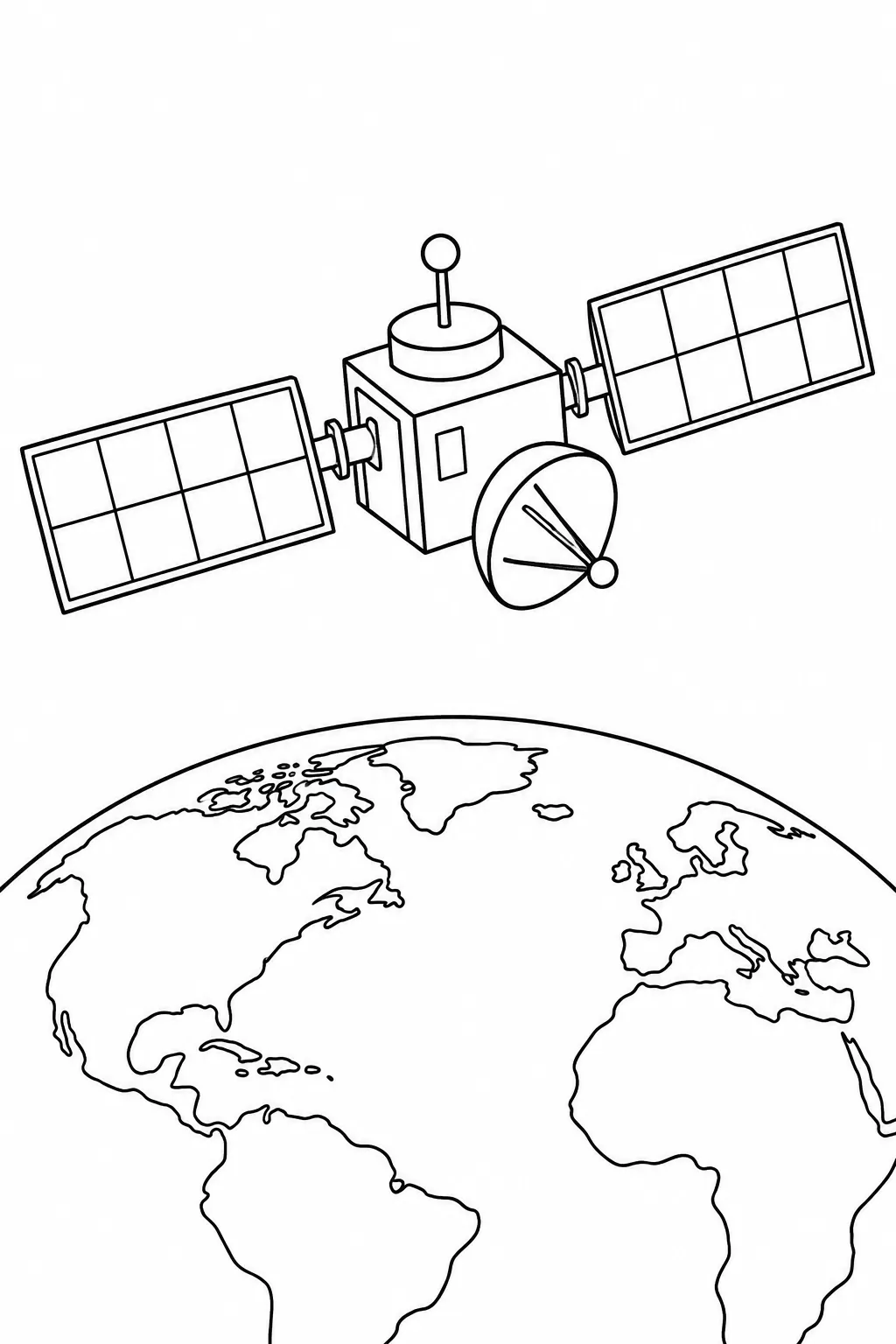 Satellite above Earth printable space coloring page for kids