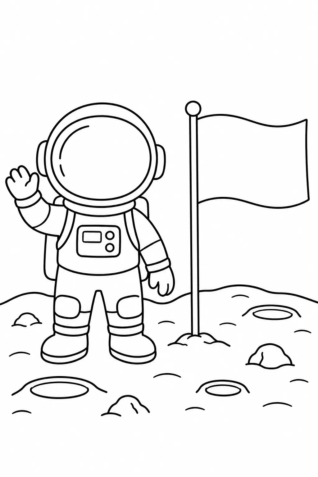 Little Astronaut and Flag printable space coloring page for kids
