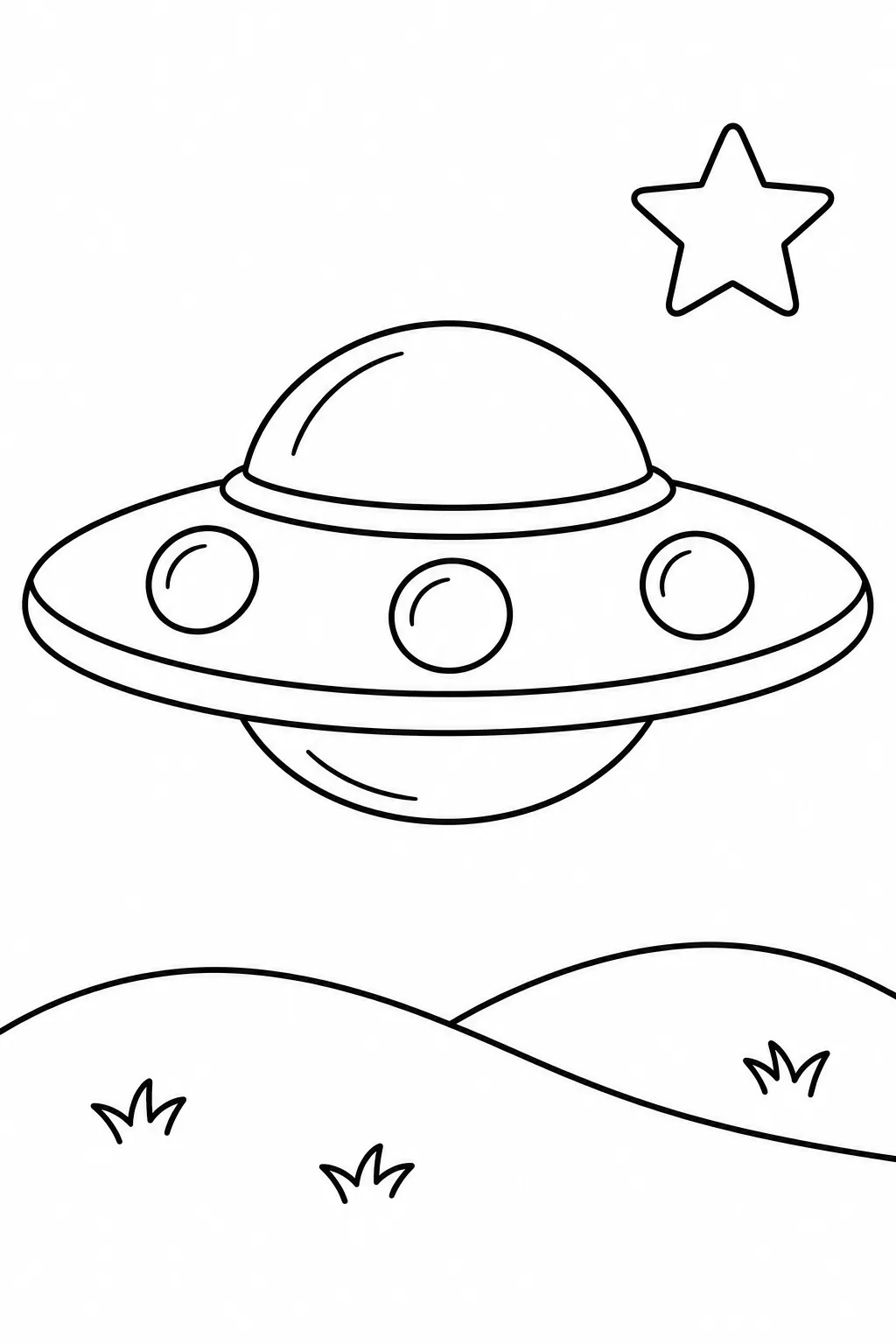 Flying Saucer over Hills printable space coloring page for kids