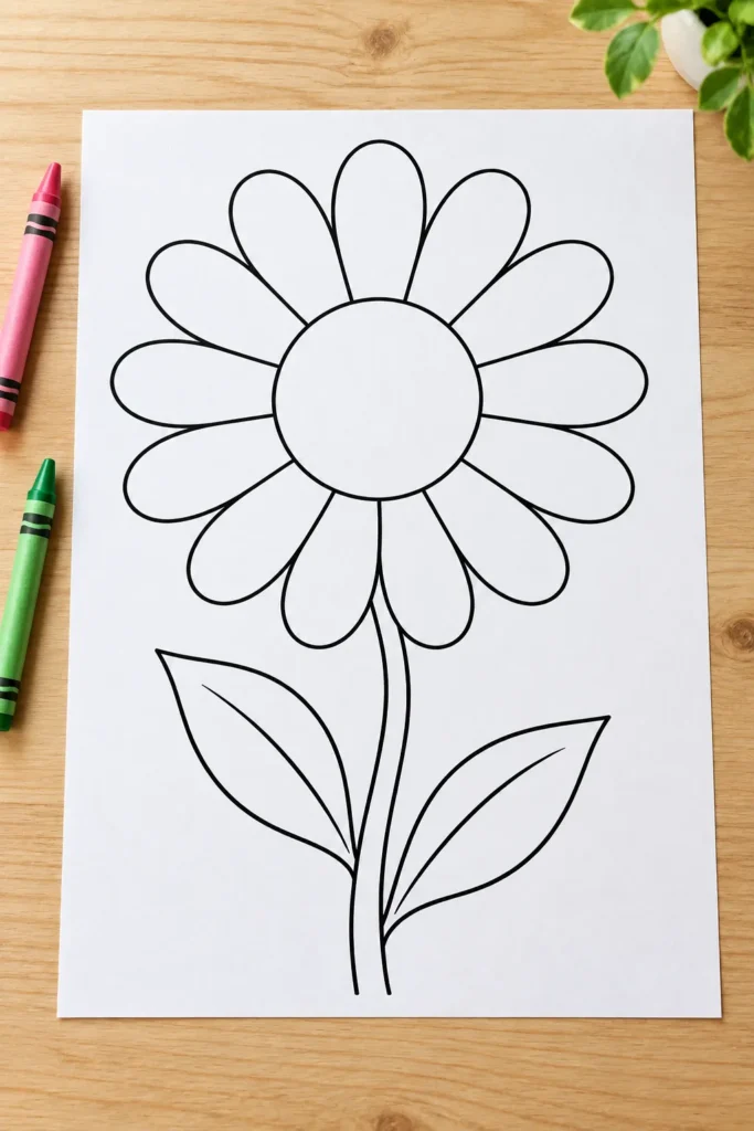 Spring flower coloring page with crayons ready for kids