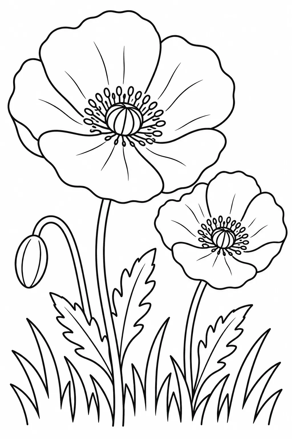 Poppy Meadow printable spring flower coloring page for kids