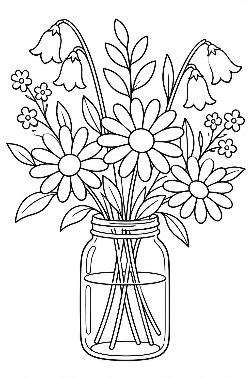 Wildflowers in a Jar printable spring flower coloring page for kids
