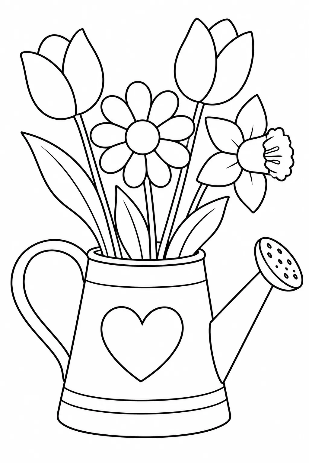 Watering Can Blooms printable spring flower coloring page for kids