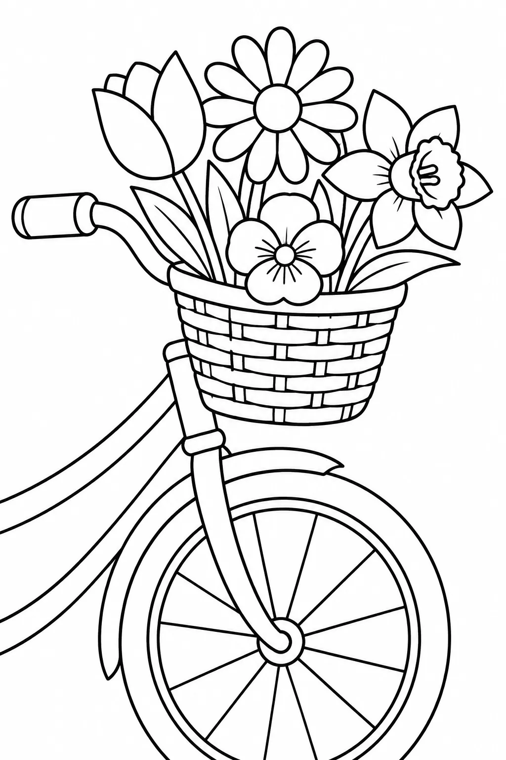 Bicycle Basket Flowers printable spring flower coloring page for kids
